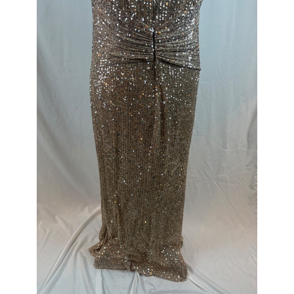 Champagne Gold Sequin Wrap V-Neck Sleeveless Maxi Evening Gown Knot Detail Dress - Picture 13 of 15